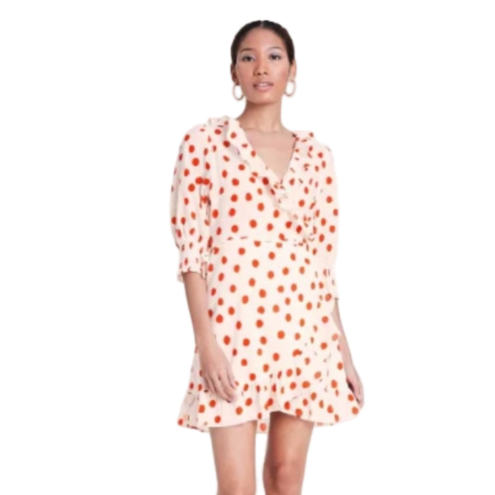 🍒RIXO Red Polka Dot puffy sleeves ruffle wrap Midi Dress size S GUC